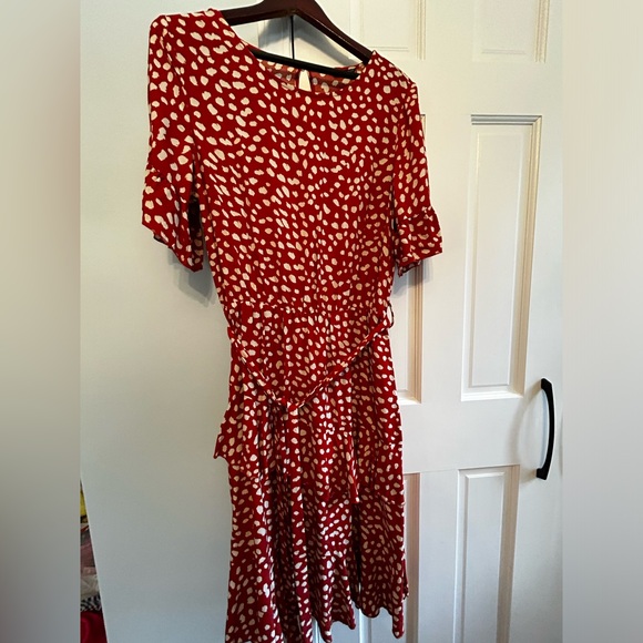 Belted Dalmatian Print Ruffle Trim Dress, Sz L - Picture 2 of 13